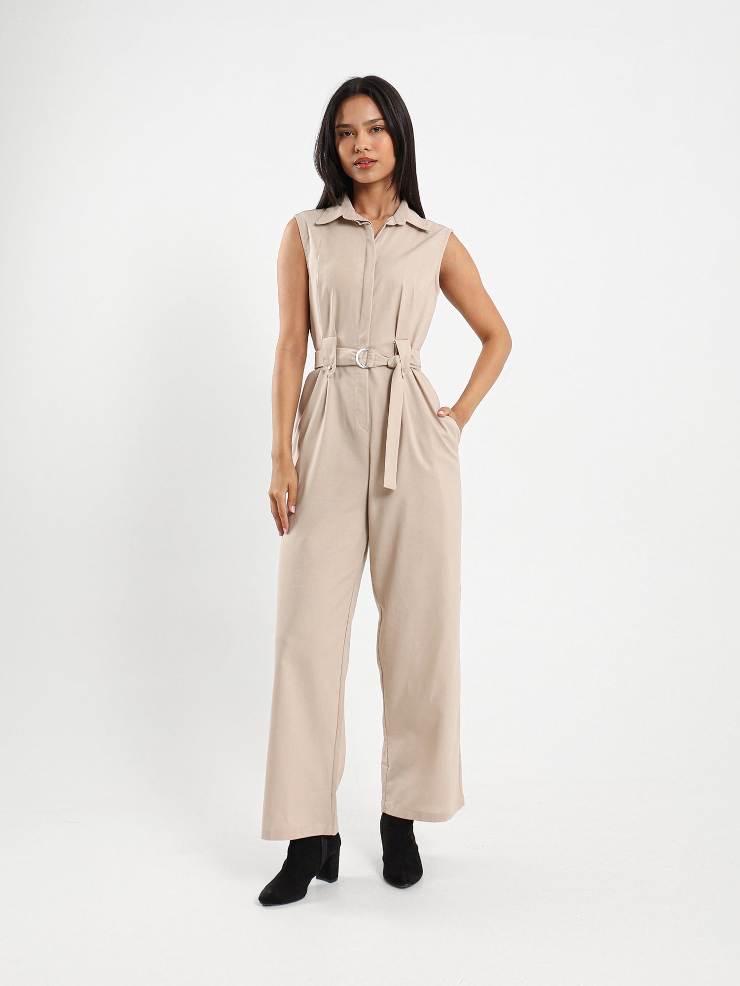 Sleeveless Belted Linen Jumpsuit
