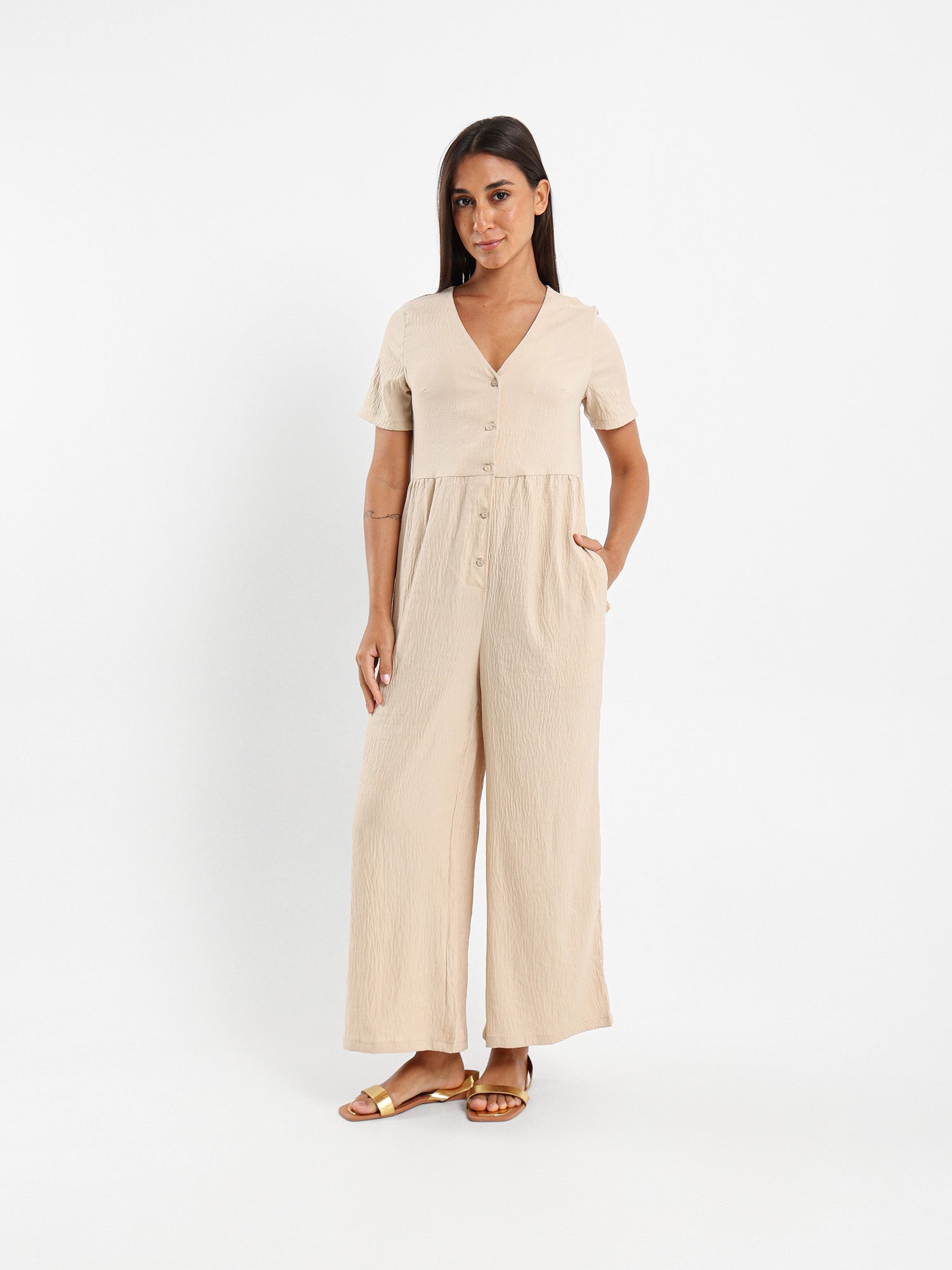 Buttoned Front Loose Jumpsuit