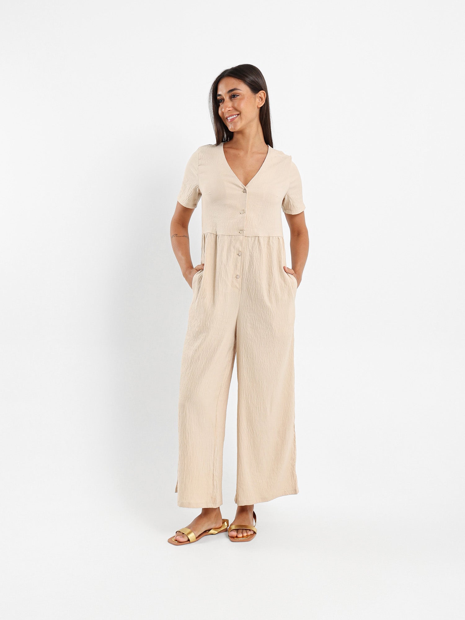 Buttoned Front Loose Jumpsuit