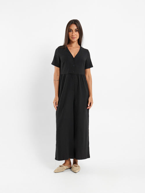 Buttoned Front Loose Jumpsuit