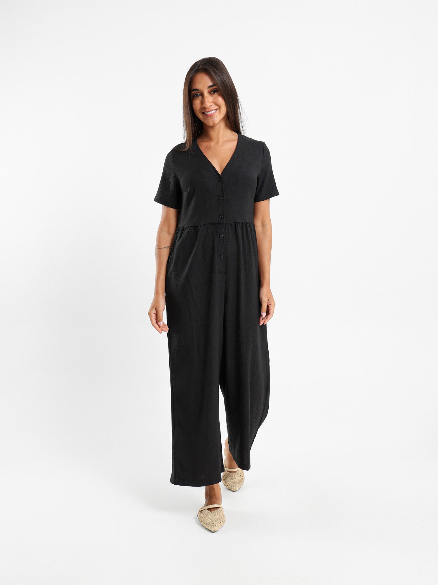 Buttoned Front Loose Jumpsuit