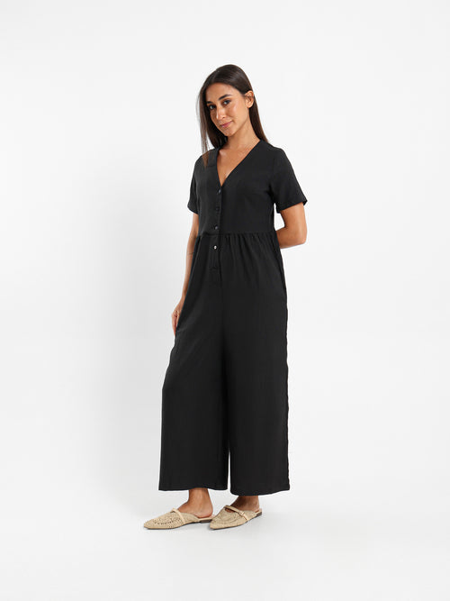 Buttoned Front Loose Jumpsuit