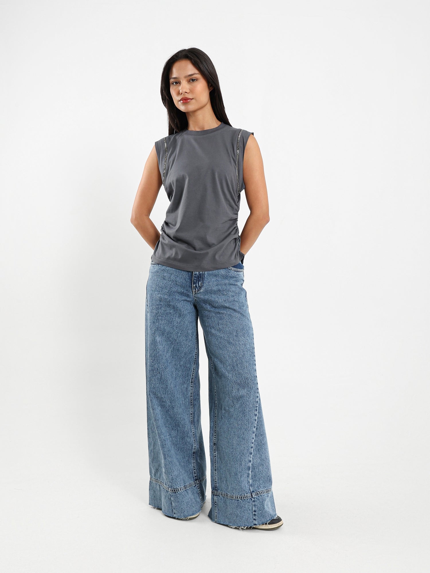 Shiny-Trim Cap-Sleeve T-Shirt