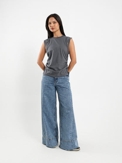 Shiny-Trim Cap-Sleeve T-Shirt