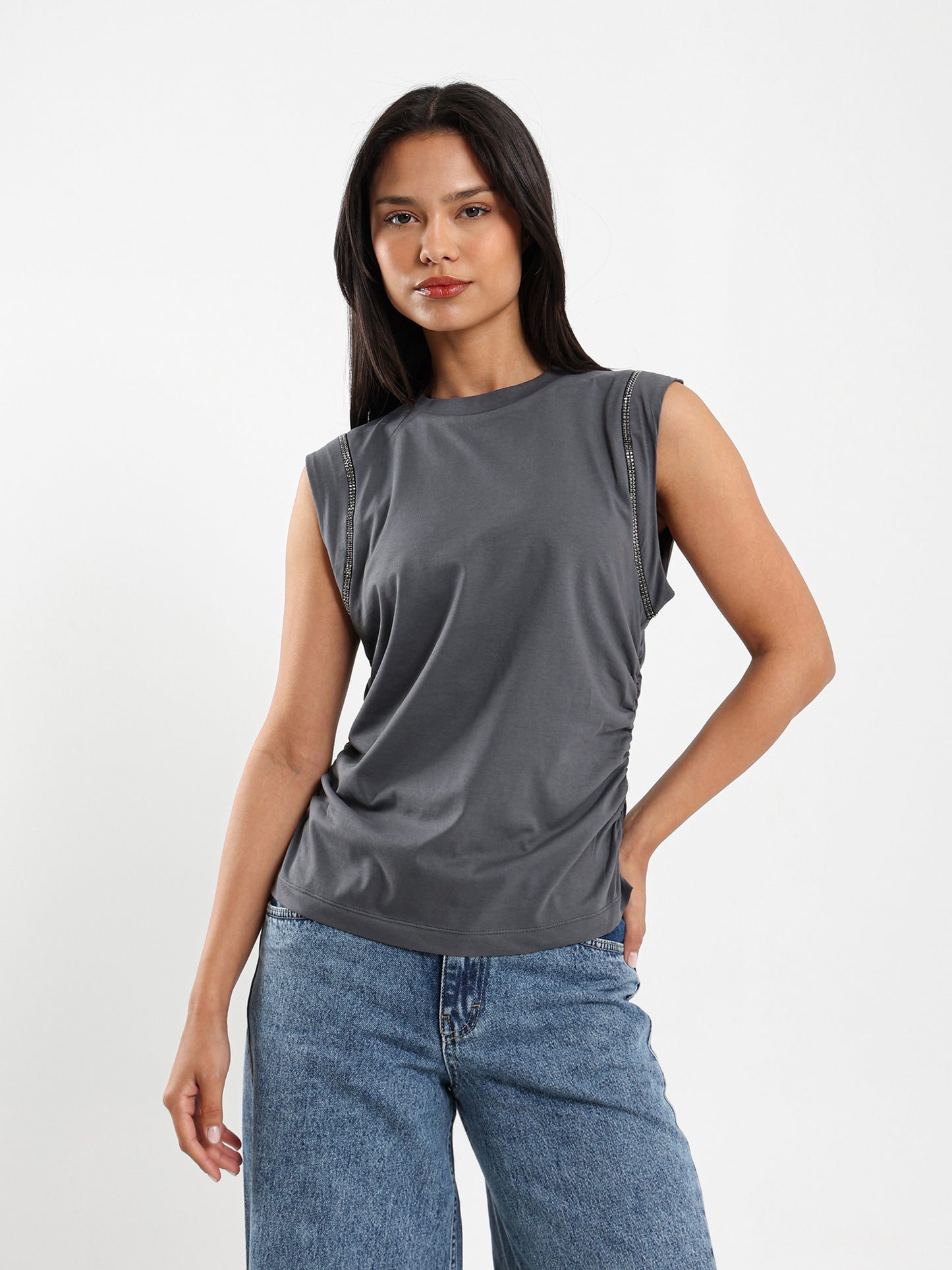 Shiny-Trim Cap-Sleeve T-Shirt