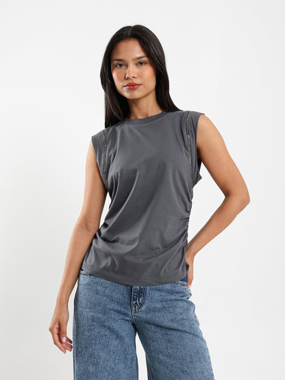 Shiny-Trim Cap-Sleeve T-Shirt