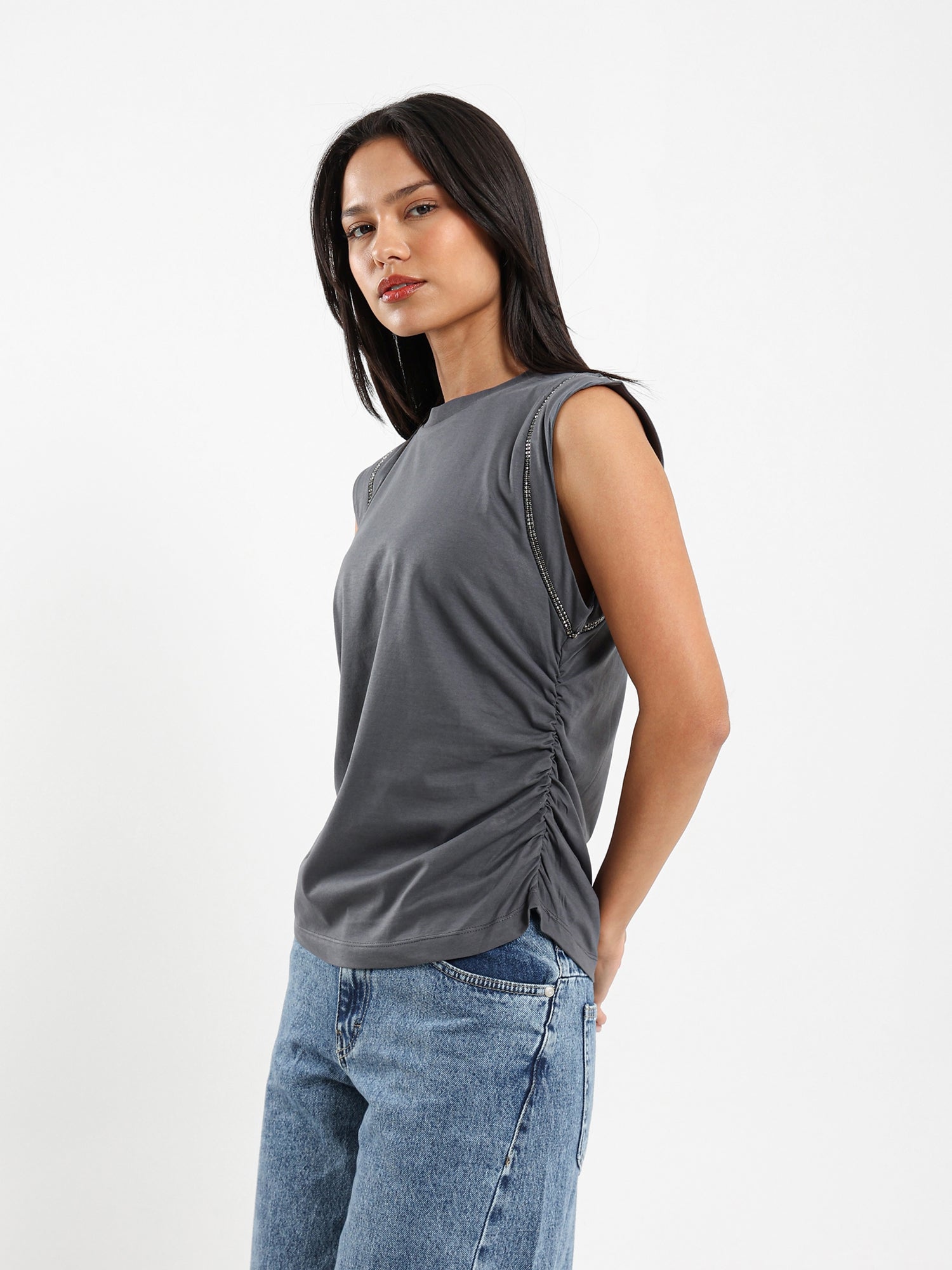 Shiny-Trim Cap-Sleeve T-Shirt
