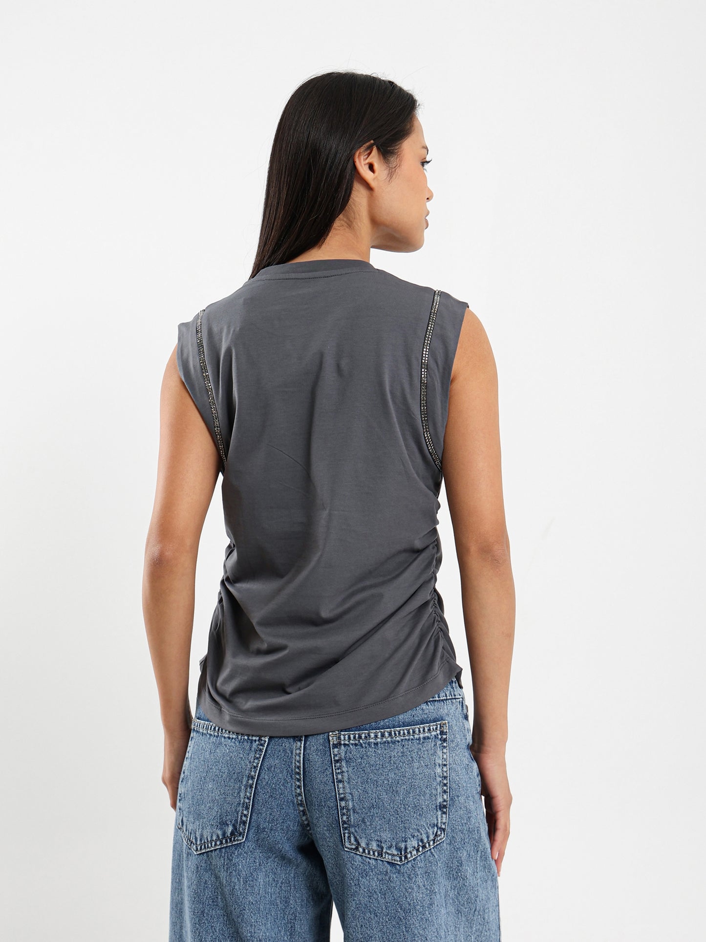 Shiny-Trim Cap-Sleeve T-Shirt