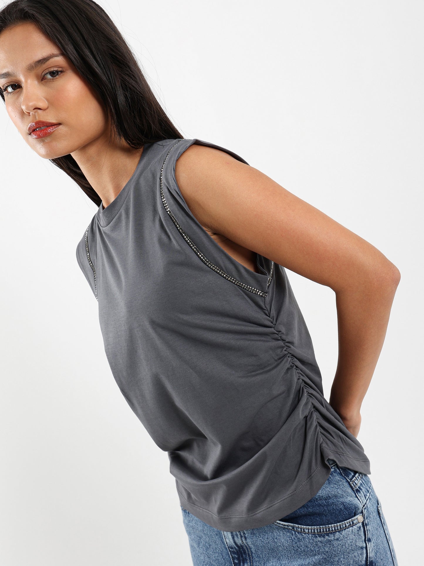 Shiny-Trim Cap-Sleeve T-Shirt