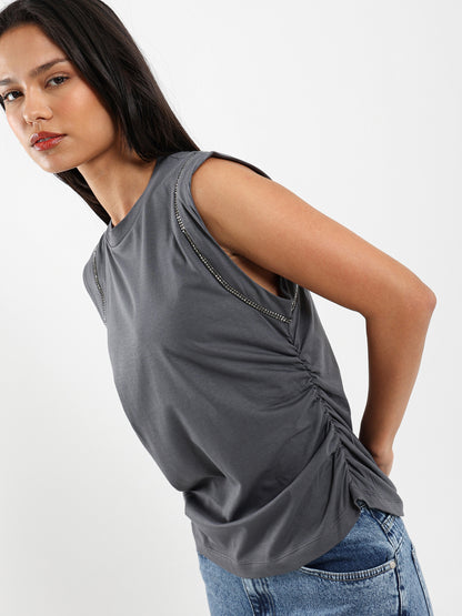 Shiny-Trim Cap-Sleeve T-Shirt