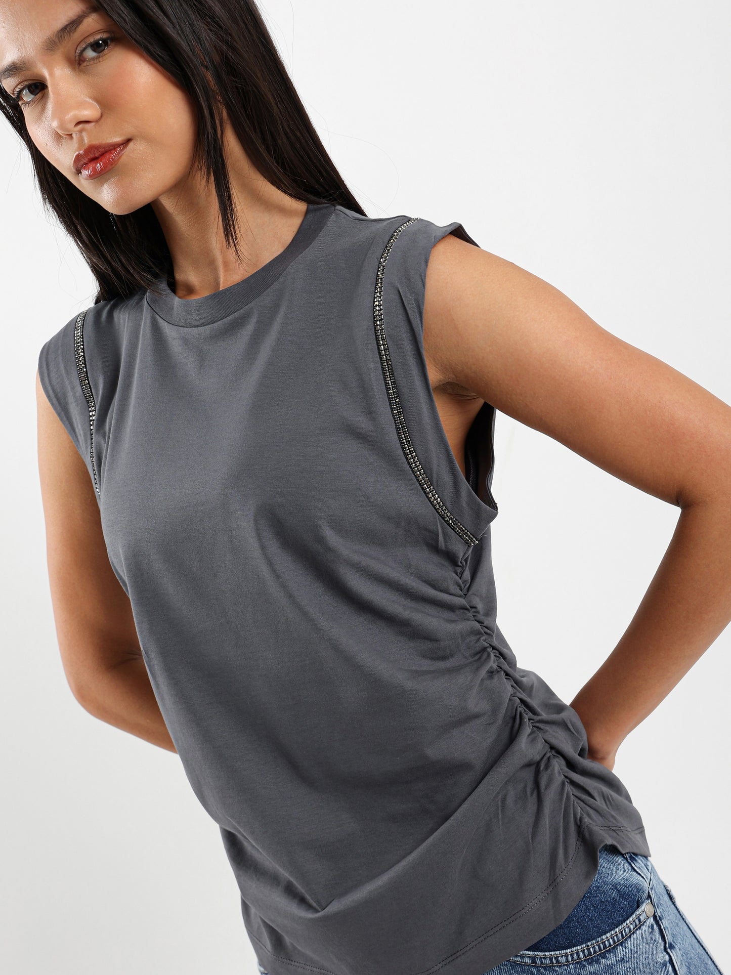 Shiny-Trim Cap-Sleeve T-Shirt