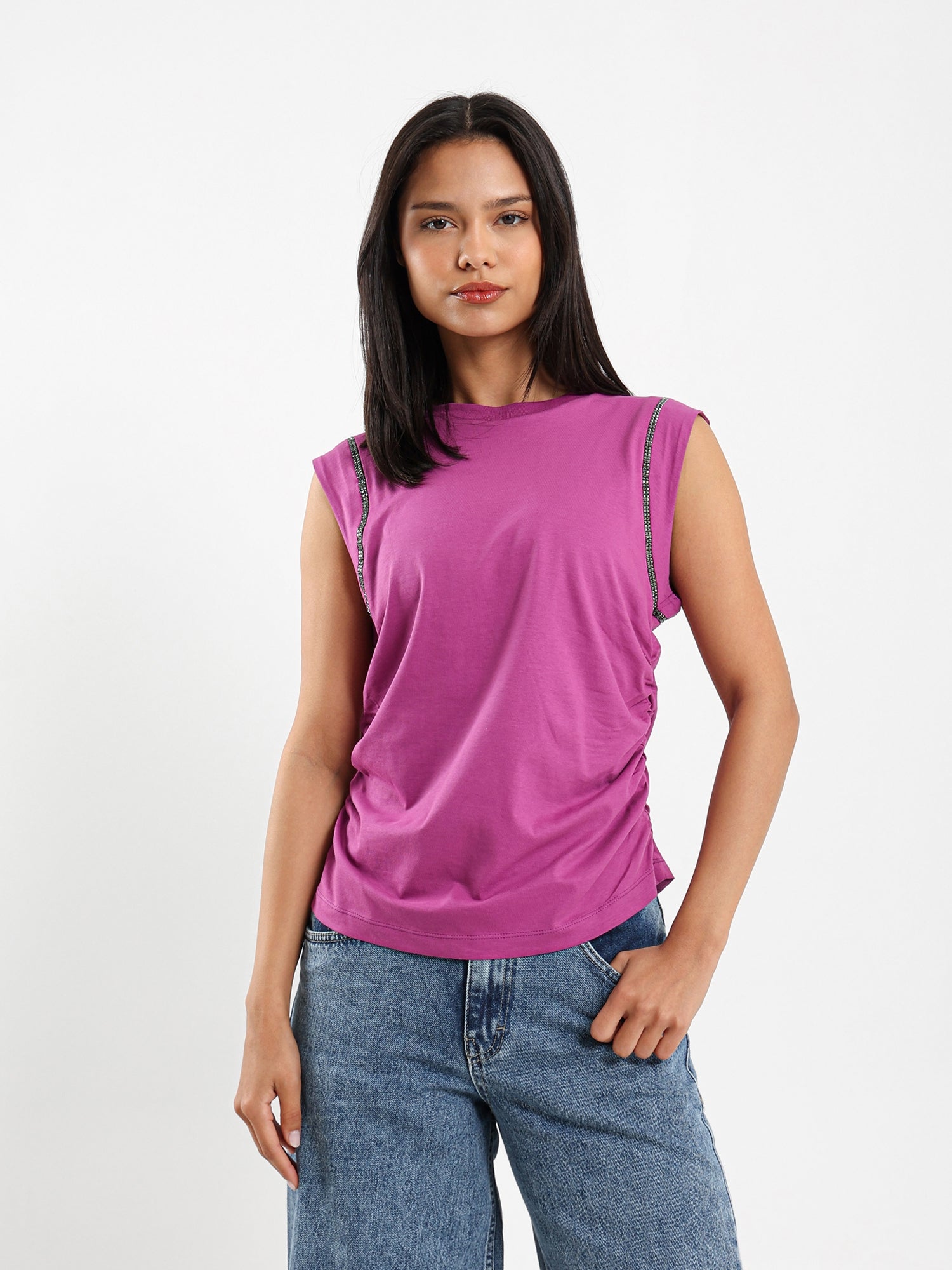 Shiny-Trim Cap-Sleeve T-Shirt