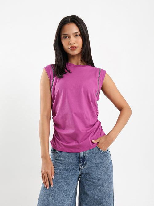 Shiny-Trim Cap-Sleeve T-Shirt
