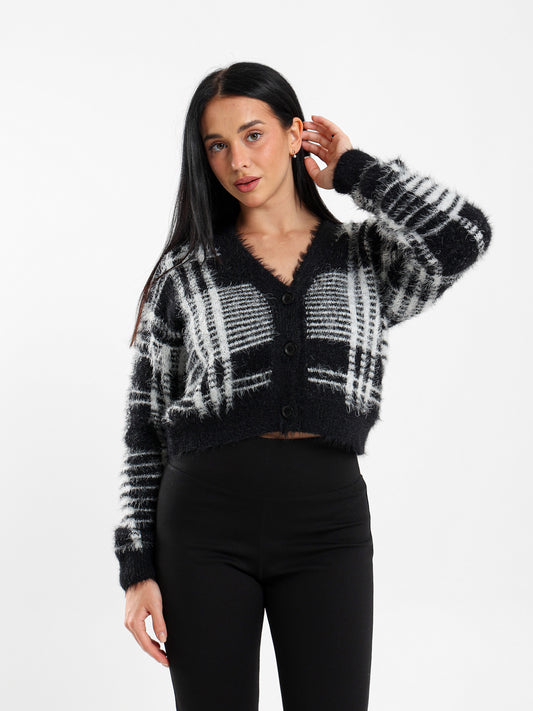 Mohair Checkered Button-Up Cardigan