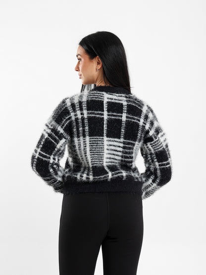 Mohair Checkered Button-Up Cardigan