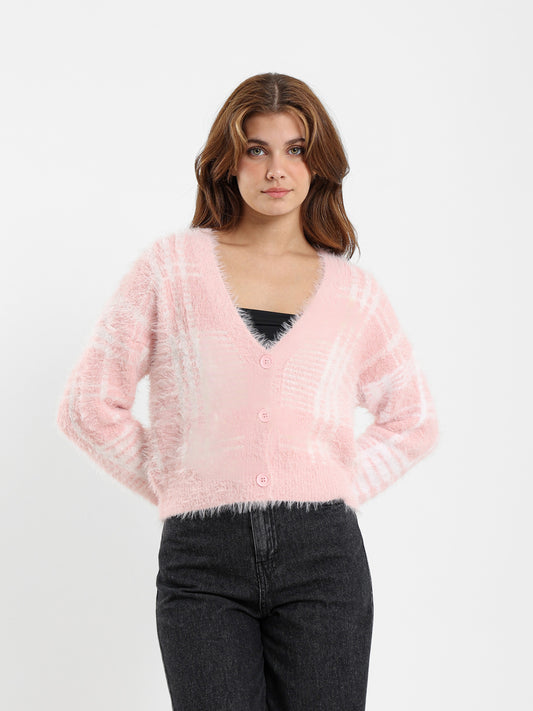 Mohair Checkered Button-Up Cardigan