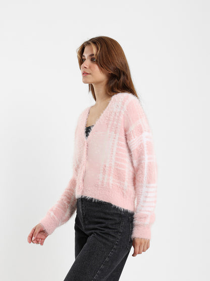 Mohair Checkered Button-Up Cardigan