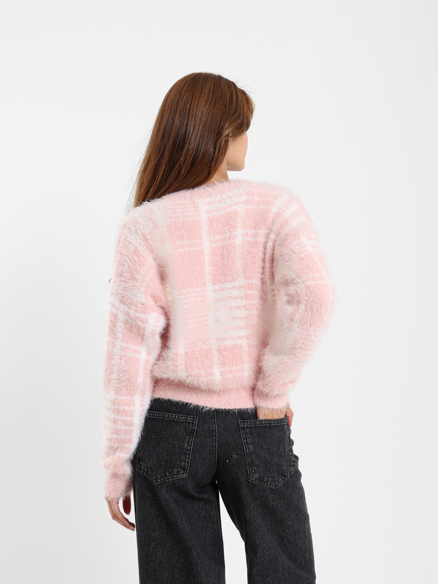 Mohair Checkered Button-Up Cardigan