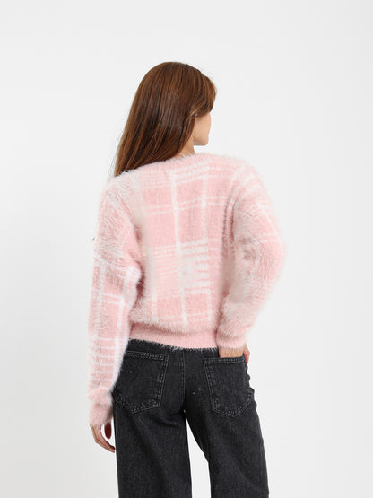 Mohair Checkered Button-Up Cardigan