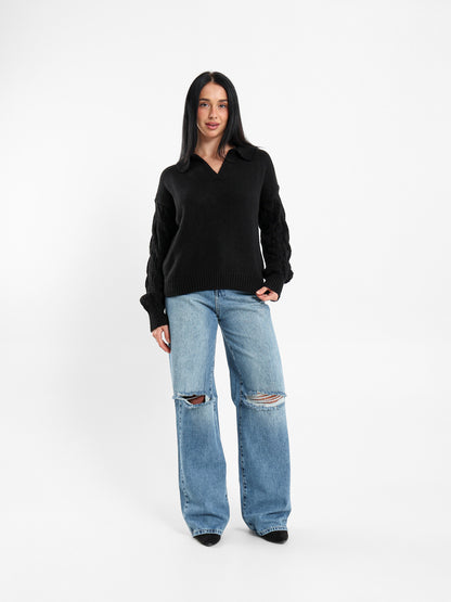 Polo Pullover with Contrast Sleeves