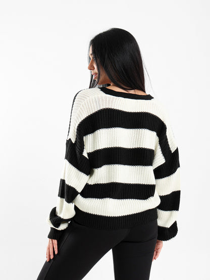 Striped Button-Up Loose-Fit Cardigan
