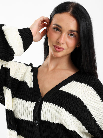 Striped Button-Up Loose-Fit Cardigan