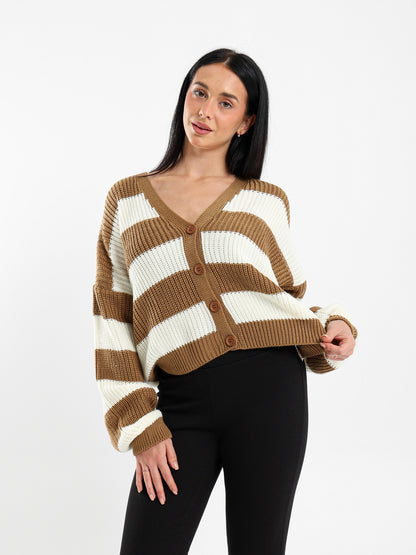 Striped Button-Up Loose-Fit Cardigan