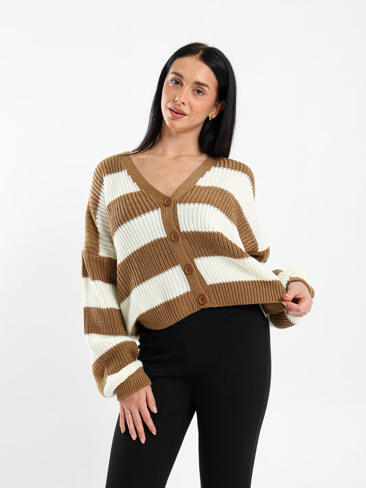 Striped Button-Up Loose-Fit Cardigan
