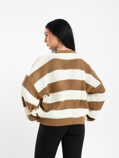 Striped Button-Up Loose-Fit Cardigan