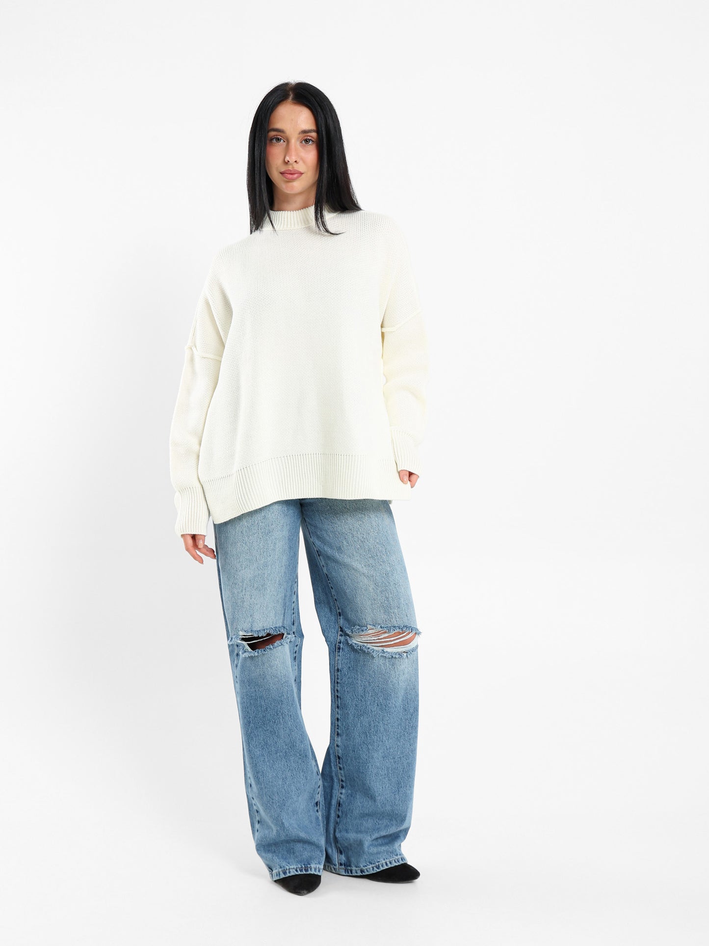 Oversized Crew Neck Pullover with Visible Seams