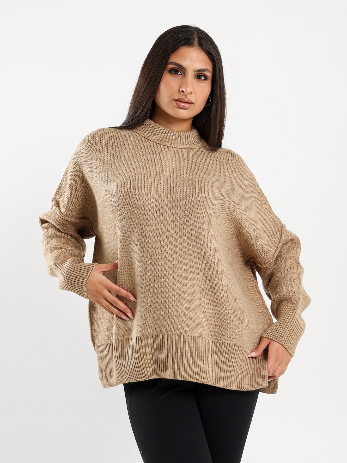 Oversized Crew Neck Pullover with Visible Seams