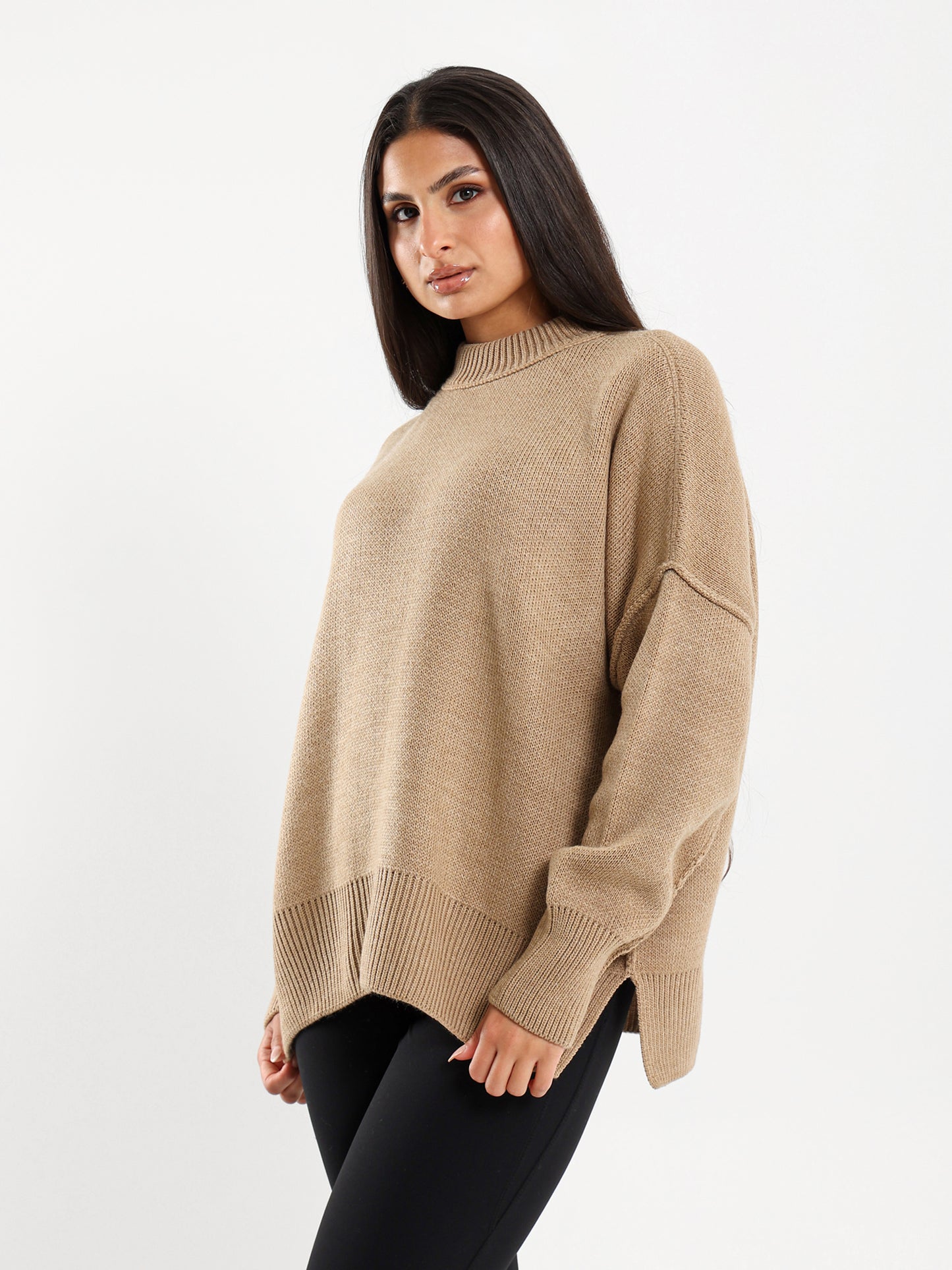 Oversized Crew Neck Pullover with Visible Seams