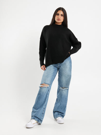 Oversized Crew Neck Pullover with Visible Seams