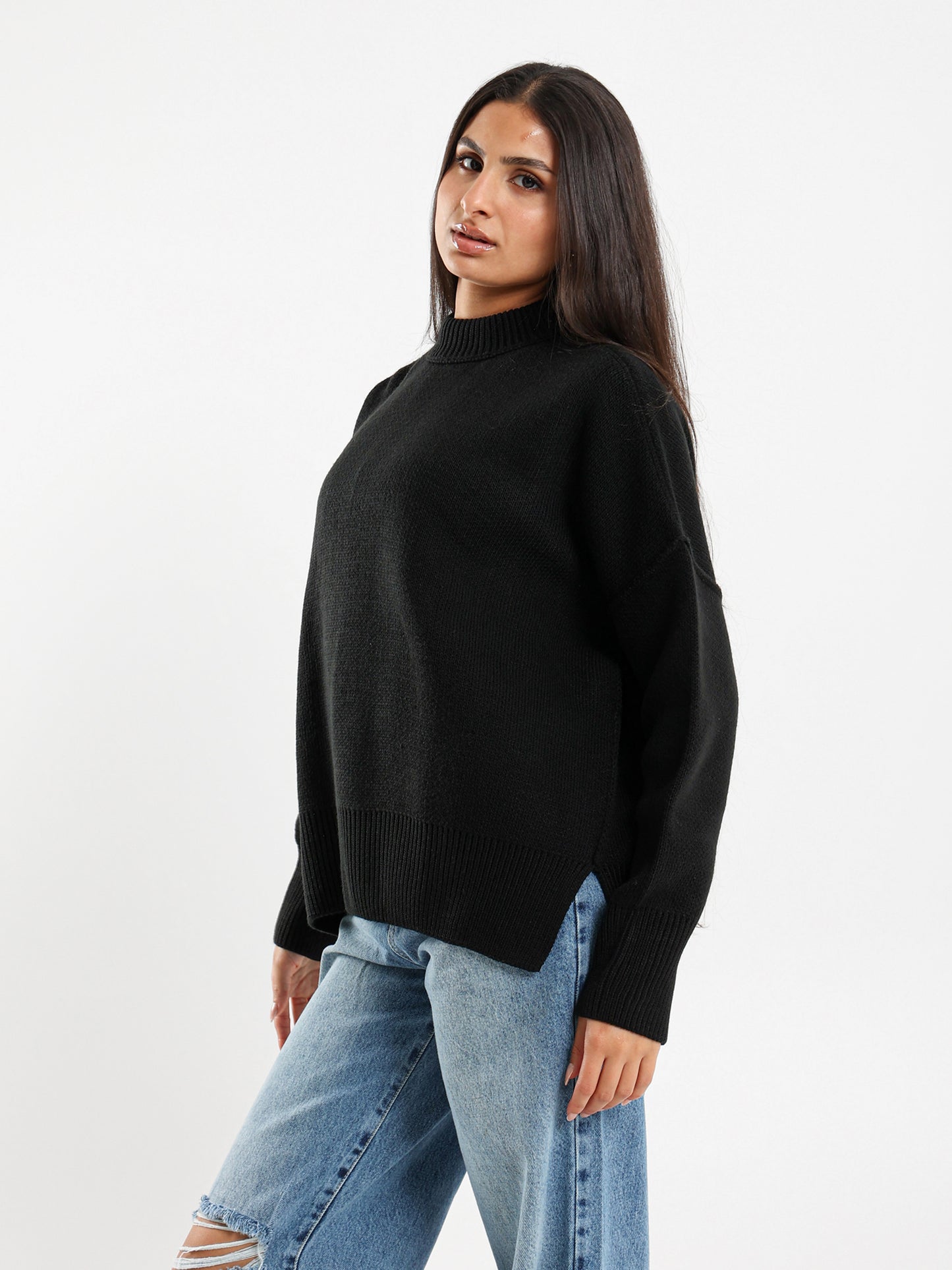 Oversized Crew Neck Pullover with Visible Seams