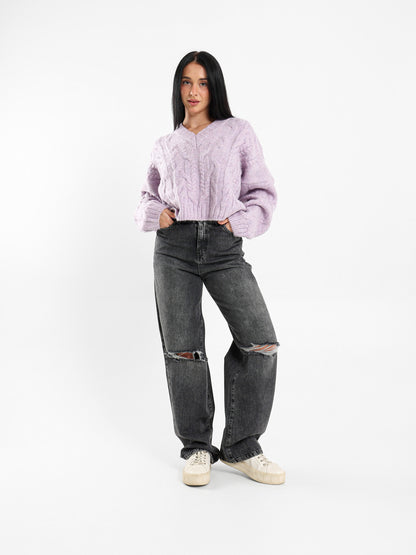 Cropped V-Neck Cable Knit Pullover