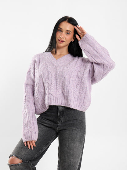 Cropped V-Neck Cable Knit Pullover