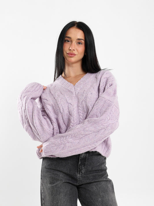 Cropped V-Neck Cable Knit Pullover