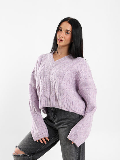 Cropped V-Neck Cable Knit Pullover