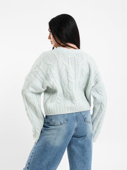 Cropped V-Neck Cable Knit Pullover