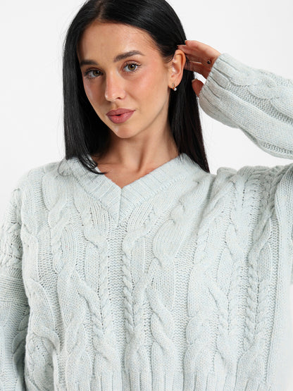 Cropped V-Neck Cable Knit Pullover