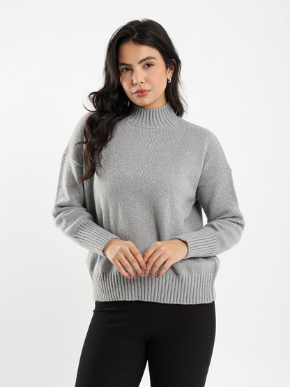 High Neck Shiny Knit Pullover