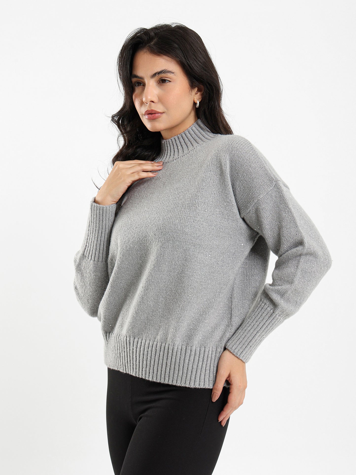 High Neck Shiny Knit Pullover