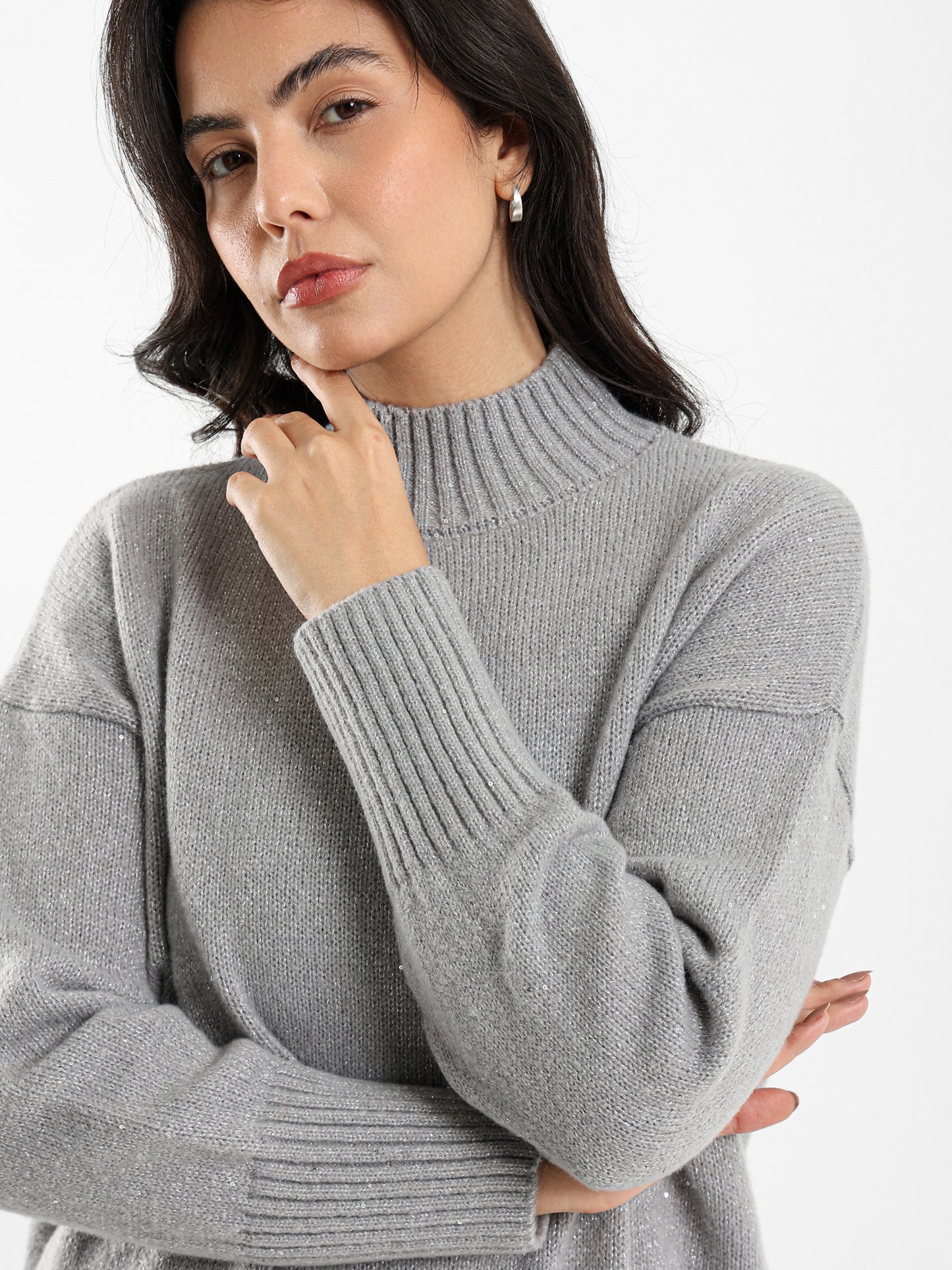 High Neck Shiny Knit Pullover