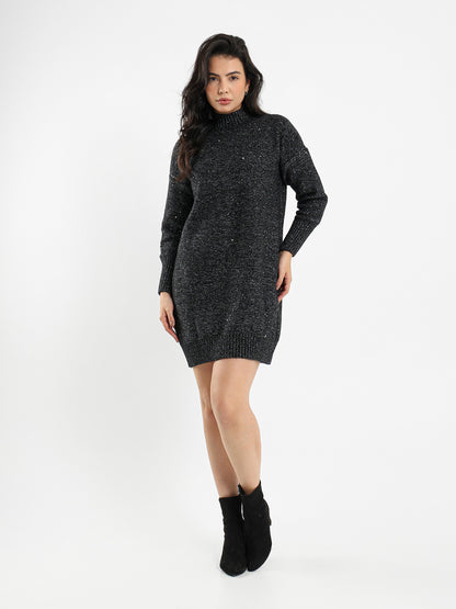 Shiny Knit Above-Knee Mock Neck Dress