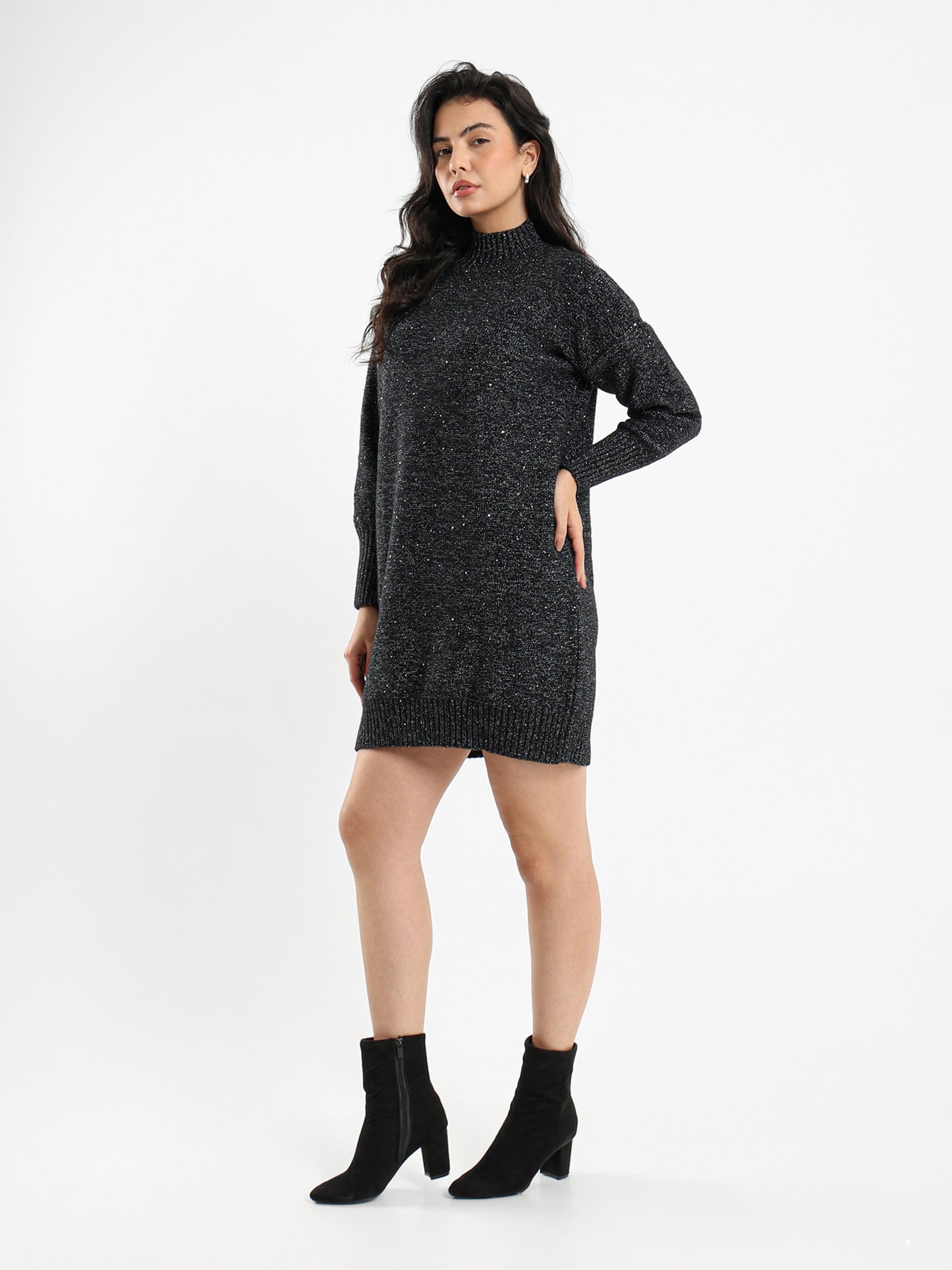 Shiny Knit Above-Knee Mock Neck Dress