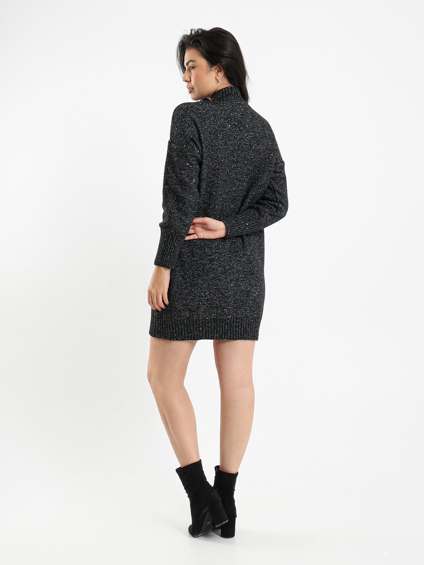 Shiny Knit Above-Knee Mock Neck Dress