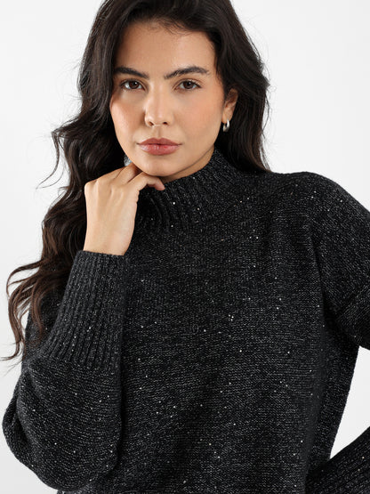 Shiny Knit Above-Knee Mock Neck Dress