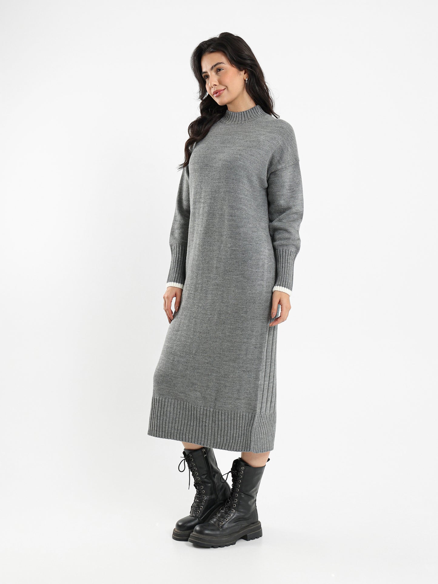 High Neck Midi Dress with Tone-to-Tone Cuffs