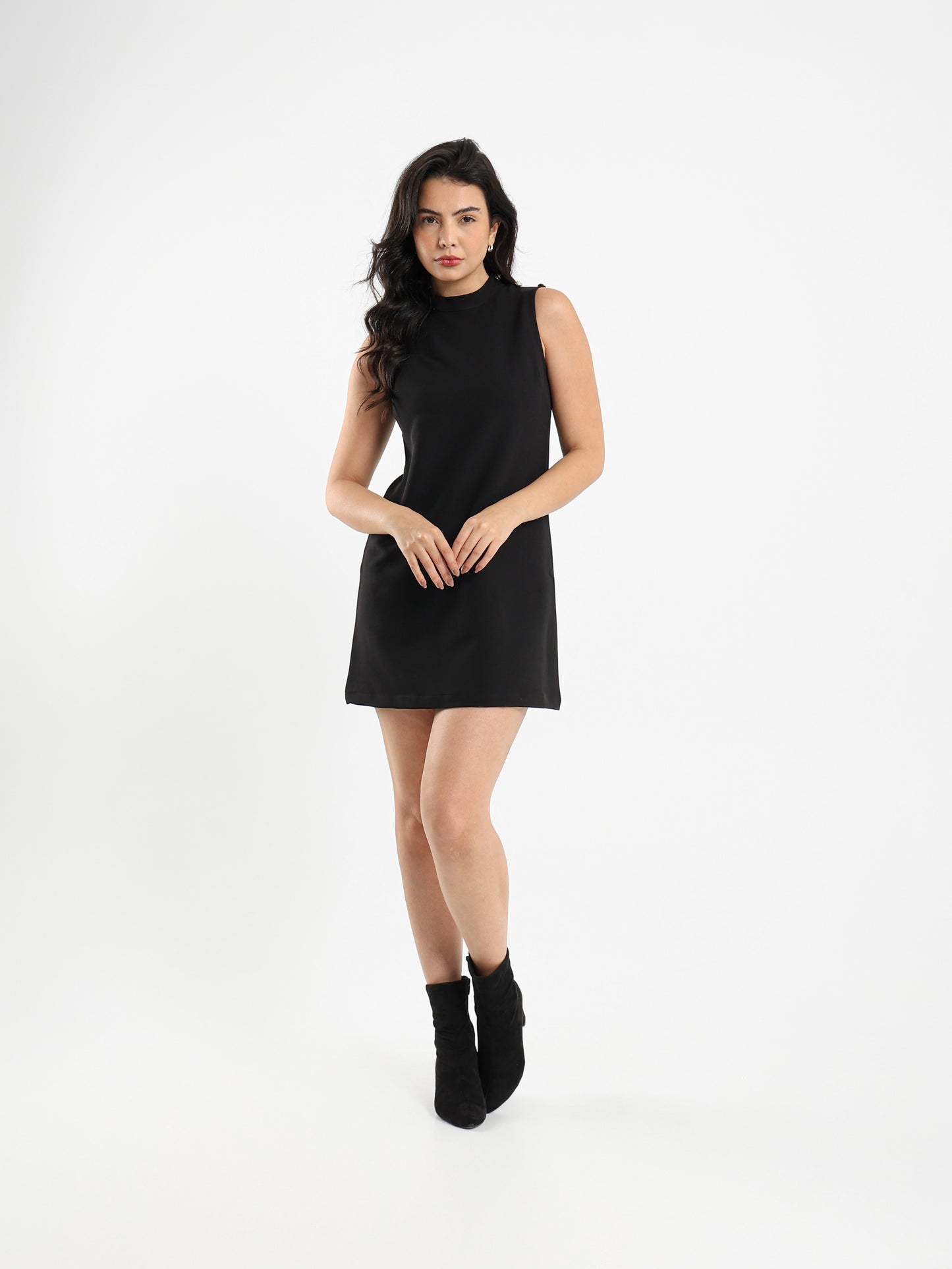 Sleeveless Above-Knee Dress with Buttoned Shoulders