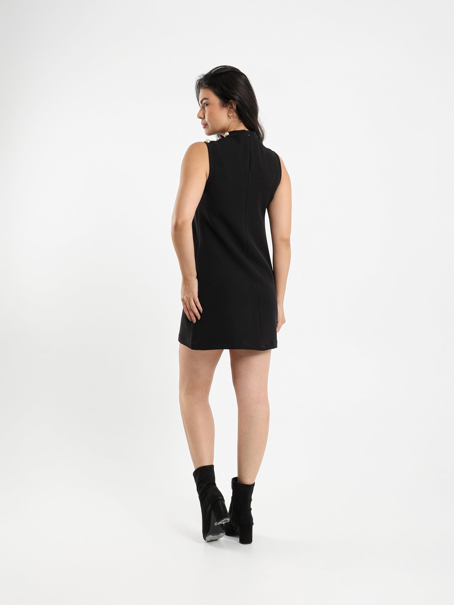 Sleeveless Above-Knee Dress with Buttoned Shoulders